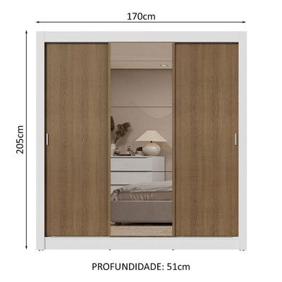 Guarda-roupa Casal 3 Portas Correr 2 Gavetas Branco/Rústico