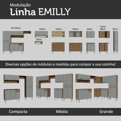 Armário Cozinha Compacta 165cm Rustic-Cinza Emilly 07