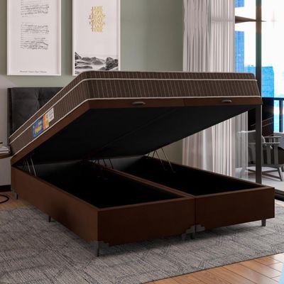 Cama Box Casal Queen Baú Colchão Espuma Orthoface Polar 158x198x66cm Marrom - Suporta Até 120kg Por