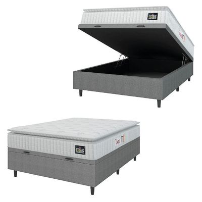 Cama Box Baú Colchão Casal Espuma D45 Lazio Pillow Top 138x188x70cm Branco-Cinza Hellen Suporta até 120kg por Pessoa