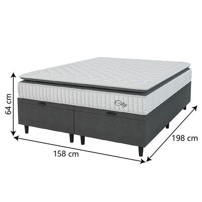 Cama Box Baú Colchão Casal Queen Molas Ensacadas City Pillow Top 158x198x64cm Branco-Preto Hellen Suporta até 110kg por Pessoa