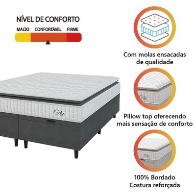 Cama Box Baú Colchão Casal Queen Molas Ensacadas City Pillow Top 158x198x64cm Branco-Preto Hellen Suporta até 110kg por Pessoa