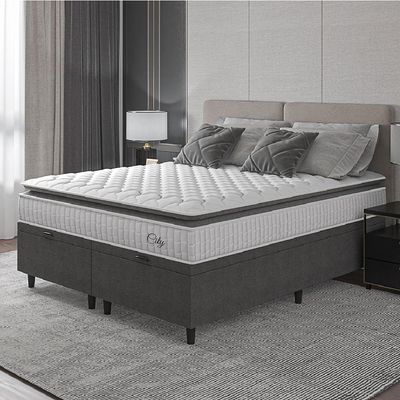 Cama Box Baú Colchão Casal Queen Molas Ensacadas City Pillow Top 158x198x64cm Branco-Preto Hellen Suporta até 110kg por Pessoa