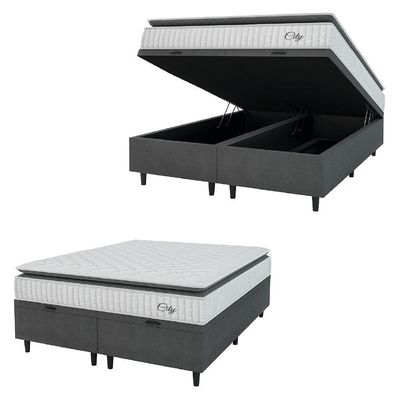 Cama Box Baú Colchão Casal Queen Molas Ensacadas City Pillow Top 158x198x64cm Branco-Preto Hellen Suporta até 110kg por Pessoa