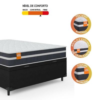 Cama Box Baú Casal Colchão Molas Qatar 138x188x63cm Branco / Preto - Suporta Até 150kg Por Pessoa Pr