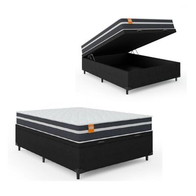 Cama Box Baú Casal Colchão Molas Qatar 138x188x63cm Branco / Preto - Suporta Até 150kg Por Pessoa Pr