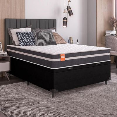 Cama Box Baú Casal Colchão Molas Qatar 138x188x63cm Branco / Preto - Suporta Até 150kg Por Pessoa Pr