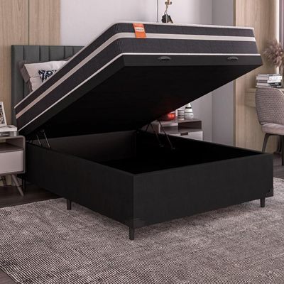 Cama Box Baú Casal Colchão Molas Qatar 138x188x63cm Branco / Preto - Suporta Até 150kg Por Pessoa Pr