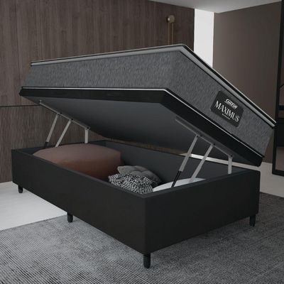 Cama Box Baú Solteiro Colchão Molas Ensacadas Pillow Top Maximus 88x188x69cm Cinza / Preto Gazin -
