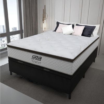 Cama Box Baú Casal Colchão Molas Pocket Ensacadas Tower 138x188x75cm Branco/preto Gazin