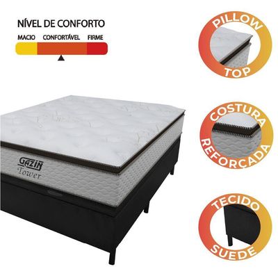 Cama Box Baú Casal Colchão Molas Pocket Ensacadas Tower 138x188x75cm Branco/preto Gazin