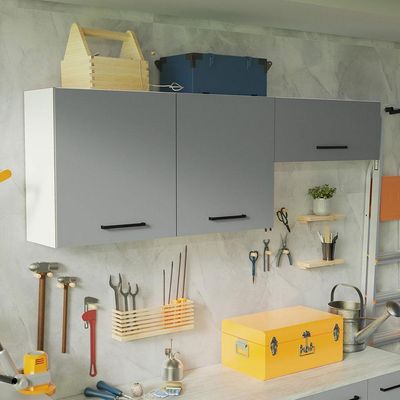 Kit 2 Armários Aéreos Multiuso 3 Portas Branco/Cinza