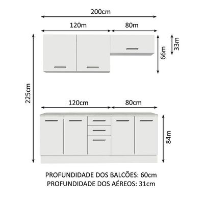 Kit 2 Balcões E 2 Armários Aéreos 200cm Branco