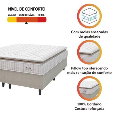 Cama Box Colchão Casal Queen Molas Ensacadas City Pillow Top 158x198x61cm Branco-Bege Hellen Suporta até 110kg por Pessoa