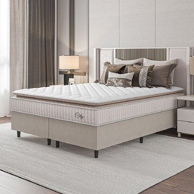 Cama Box Colchão Casal Queen Molas Ensacadas City Pillow Top 158x198x61cm Branco-Bege Hellen Suporta até 110kg por Pessoa