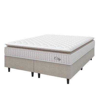 Cama Box Colchão Casal Queen Molas Ensacadas City Pillow Top 158x198x61cm Branco-Bege Hellen Suporta até 110kg por Pessoa