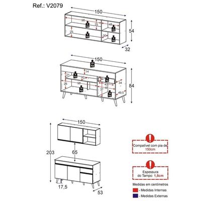 Armário De Cozinha Compacta 150cm Veneza Multimóveis V2079 Preto Preto
