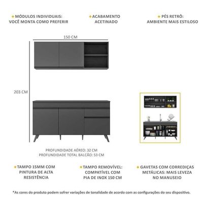 Armário De Cozinha Compacta 150cm Veneza Multimóveis V2079 Preto Preto