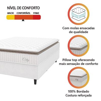 Cama Box Colchão Casal Molas Ensacadas City Pillow Top 138x188x61cm Linho Branco / Bege Hellen Branco/bg