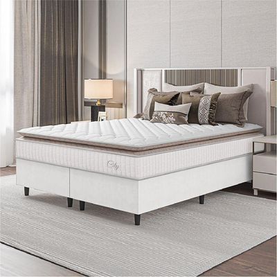 Cama Box Colchão Casal Queen Molas Ensacadas City Pillow Top 158x198x61cm Linho Branco / Bege Hellen Branco/bg