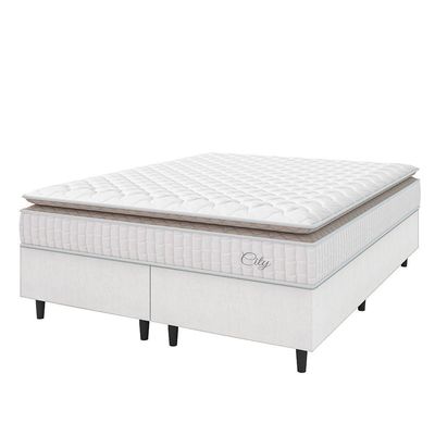 Cama Box Colchão Casal Queen Molas Ensacadas City Pillow Top 158x198x61cm Linho Branco / Bege Hellen Branco/bg