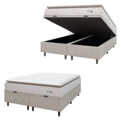 Cama Box Colchão Baú Casal King Molas Ensacadas City Pillow Top 193x203x64cm Bege Branco