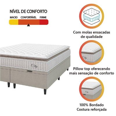 Cama Box Colchão Baú Casal King Molas Ensacadas City Pillow Top 193x203x64cm Bege Branco