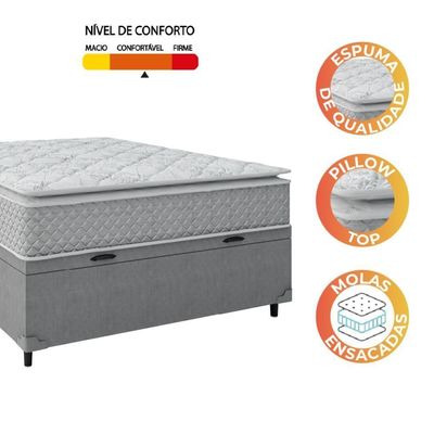 Cama Box Baú Casal Colchão Molas Ensacadas Pillow Top Perfect 138X188X74Cm Cinza/Branco