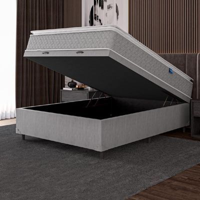 Cama Box Baú Casal Colchão Molas Ensacadas Pillow Top Perfect 138X188X74Cm Cinza/Branco