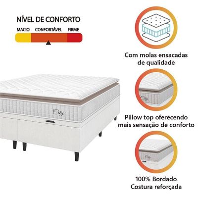 Cama Box Colchão Baú Casal King Molas Ensacadas City Pillow Top 193x203x64cm Linho Branco Bege