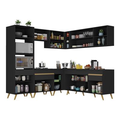 Armário De Cozinha Completa De Canto Veneza Multimóveis V2045 Preto/dourado Preto/dourado