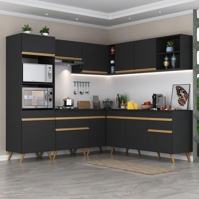 Armário De Cozinha Completa De Canto Veneza Multimóveis V2045 Preto/dourado Preto/dourado