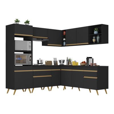 Armário De Cozinha Completa De Canto Veneza Multimóveis V2045 Preto/dourado Preto/dourado