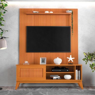 Rack Bancada Aruba Com Painel Para Tv Até 55 Polegadas Egeo Cedro Ripado Impressão 3d Edn Cedro