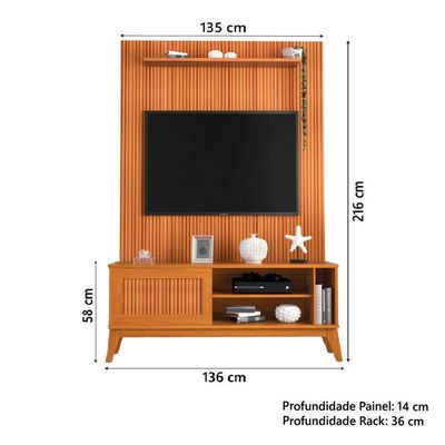 Rack Bancada Aruba Com Painel Para Tv Até 55 Polegadas Egeo Cedro Ripado Impressão 3d Edn Cedro