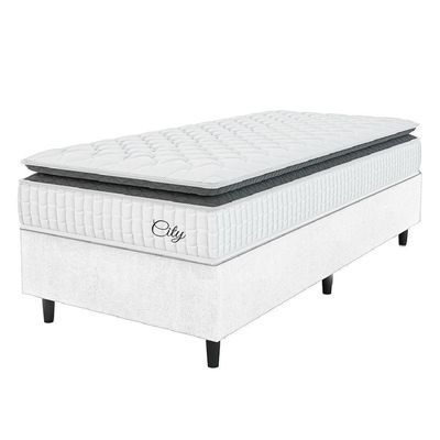 Cama Box Colchão Solteiro Molas Ensacadas City Pillow Top 88x188x61cm Linho Branco / Preto Hellen Branco/pre