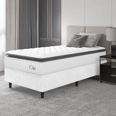 Cama Box Colchão Solteiro Molas Ensacadas City Pillow Top 88x188x61cm Linho Branco / Preto Hellen Branco/pre