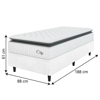 Cama Box Colchão Solteiro Molas Ensacadas City Pillow Top 88x188x61cm Linho Branco / Preto Hellen Branco/pre