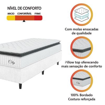 Cama Box Colchão Solteiro Molas Ensacadas City Pillow Top 88x188x61cm Linho Branco / Preto Hellen Branco/pre