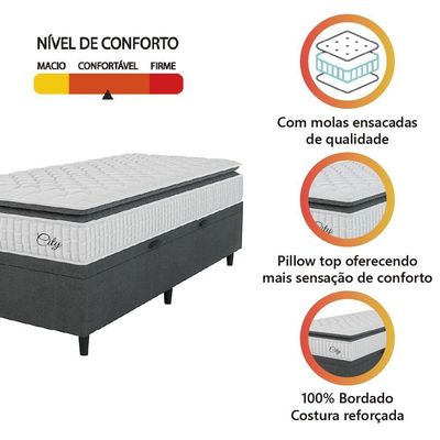 Cama Box Baú Colchão Solteiro Molas Ensacadas City Pillow Top 88x188x64cm Branco-Preto Hellen Suporta até 110kg por Pessoa