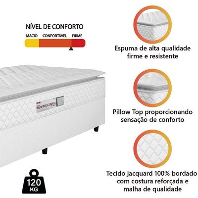 Cama Box Solteiro Colchão Espuma D33 Pillow Top New Millenium 88x188x57cm Branco Hellen – Suporta Até 120 Kg Por Pessoa