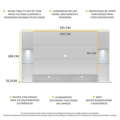 Painel Tv 60'' com 2 Leds e Prateleiras de Vidro Vegas
