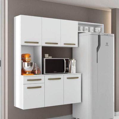 Armário De Cozinha Completa Suspenso Com Balcão 6 Portas 1 Gaveta Belíssima Branco Aramóveis Branco