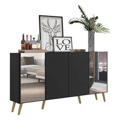 Aparador Buffet 4 Portas Com Espelho Retrô Vegas Multimóveis V3562 Preto/Natural Preto/Natural