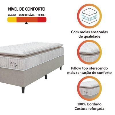 Cama Box Colchão Solteiro Molas Ensacadas City Pillow Top 88x188x61cm Branco-Bege Hellen Suporta até 110kg por Pessoa