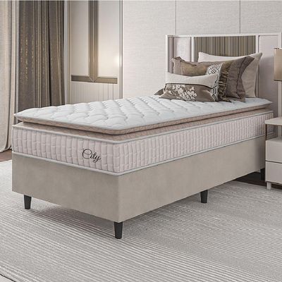 Cama Box Colchão Solteiro Molas Ensacadas City Pillow Top 88x188x61cm Branco-Bege Hellen Suporta até 110kg por Pessoa