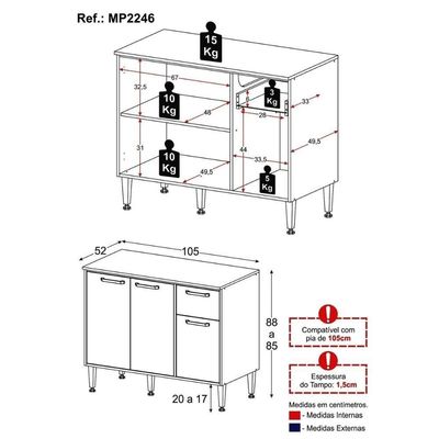 Balcão De Cozinha Gabinete Pia 105cm 3 Portas 1 Gaveta Xangai Multimóveis Mp2246 Branco Branco