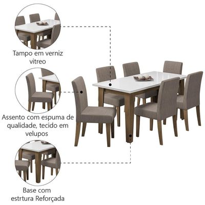 Conjunto De Mesa Sala De Jantar Miami Com 6 Cadeiras Trieste Suede 1,60m Cedro / Off White / Mascavo