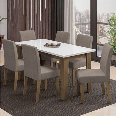 Conjunto De Mesa Sala De Jantar Miami Com 6 Cadeiras Trieste Suede 1,60m Cedro / Off White / Mascavo
