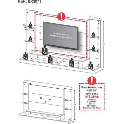 Painel Tv 60" Prateleiras De Vidro Brasil Br3071 Branco